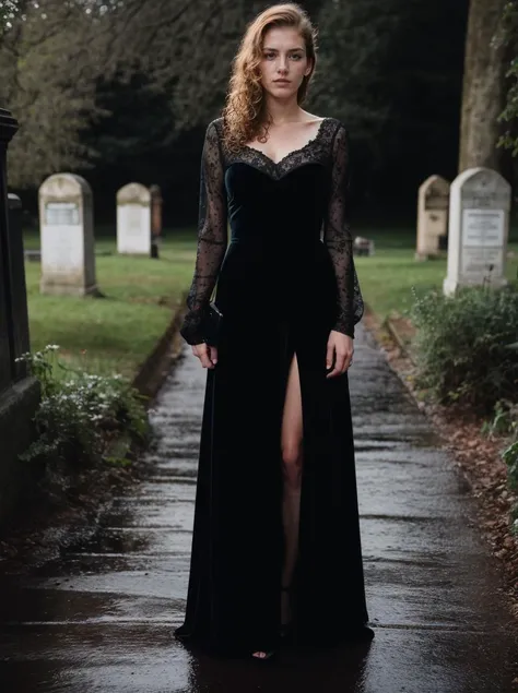 Analog photo, tv_Brandi_Scoggins_MXAI , tearful sad expression, "ready-for-a-funeral", black dress, looking down, in a rainy graveyard at dusk, ((full body shot)), PA7_Portrait-FL, (((Ultra-HD-details, Ultra-HD-detailed, Ultra-HD-realistic, Ultra-HD-photo-same-realistic-quality-details))), 8k uhd, dslr, soft lighting, high quality, film grain, Fujifilm XT3