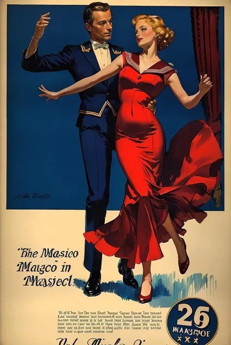 (masterpiece, best quality:1.3), A man in a sailor suit dances with a woman in a red dress, vintage ad style, <lora:ad:0.8>,
