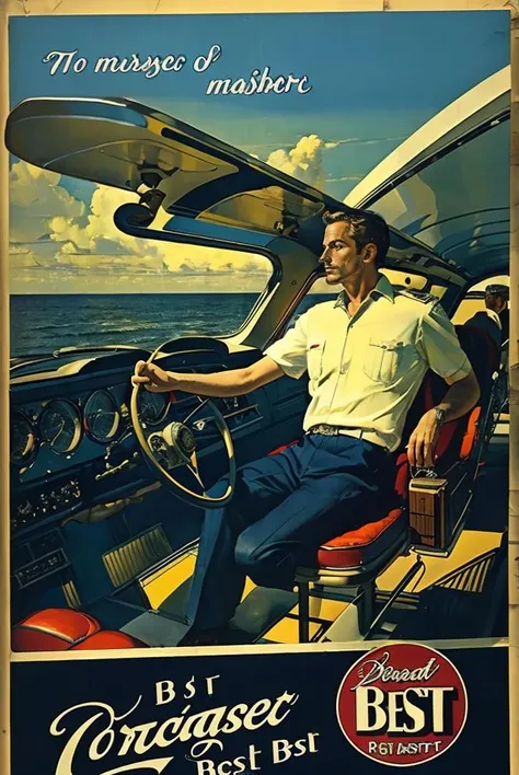 (masterpiece, best quality:1.3), A man, flight deck, on the road, vintage ad style, <lora:ad:0.8>,