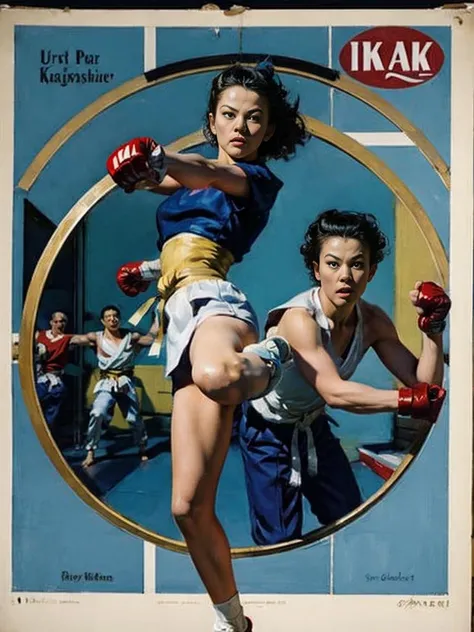 martial arts, background, artist_name, english_text, 2girl karate, punching, kicking, still_life, vintage ad style, <lora:ad:1>, (masterpiece:1.1), (best quality:1.1), beautiful, unity 8k wallpaper, ultra detailed, beautiful, aesthetic, <lora:add_detail:0.5>