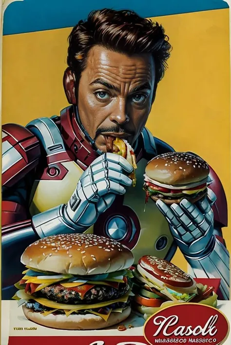 (masterpiece, best quality:1.3), An iron man is eating a hamburger, vintage ad style, <lora:ad:0.8>,
