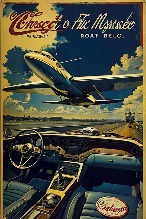 (masterpiece, best quality:1.3), A man, flight deck, on the road, vintage ad style, <lora:ad:0.8>,