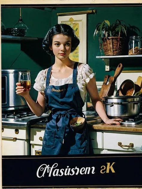 kitchen, appliances, tropical, simple_background, artist_name, english_text, 1girl, cooking, apron, still_life, vintage ad style, <lora:ad:1>, (masterpiece:1.1), (best quality:1.1), beautiful, unity 8k wallpaper, ultra detailed, beautiful, aesthetic, <lora:add_detail:0.5>