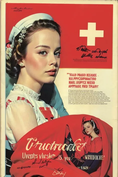 vintage ad style, retro_artstyle,  english_text, price, hospital, red cross, magazine cover, signature<lora:ad:1>(masterpiece), (detailed), (intricate details), (realistic:1.4), 1girl, solo, updo, nurse, makeup<lora:test05:0.7>
