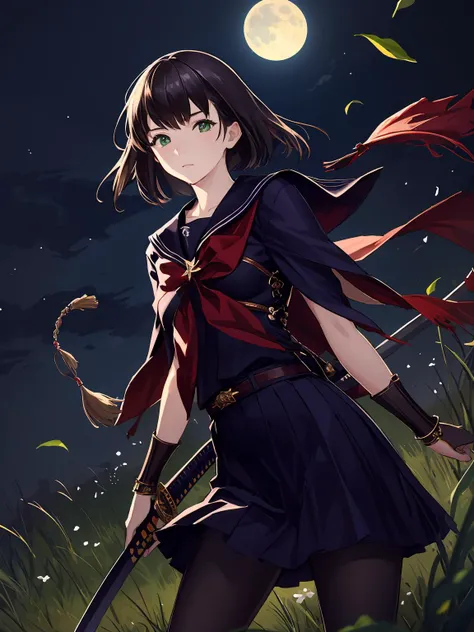 masterpiece,best quality,highres,cinematic lighting,dramatic angle,<lora:ShadowverseTsubakiV1-000006:0.8> ,1girl,holding sword,sheath,katana,sailor collar,serafuku,black suit,red bowtie,pletaed skirt,pantyhose,cowboy shot,moon,looking at viewer,green eyes,grass,in wild,depth of field,wind,floating leaves