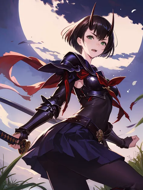 masterpiece,best quality,highres,cinematic lighting,dramatic angle,<lora:ShadowverseTsubakiV1-000006:0.8> ,armor,black suit,bowtie,pleated skirt,pantyhose,armored boots,katana,ninja,black hair,green eyes,looking at viewer,moon,sailor collar,serious,cowboy shot,in wild,grass,floating leaves,holding weapon,breastplate,gauntlets,short hair,shiny,unsheathing,dynatic angle,actiono pose,horns,fangs