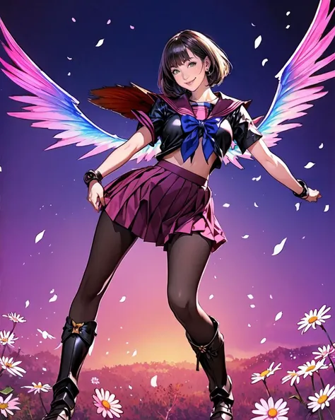 (solo focus:1.4), (full body:1.4), picture of a lady, beautiful face, (look at viewer:1.4), Black hair, short hair,
(serafuku, bowtie, pleated collar, pleated skirt:1.4), armor, gauntlets, (pantyhose:1.4), (armored boots),
(huge breast:1.33), (thin waist), thin pelvic, (wide pelvic), (thick thighs:1.42),
(dynamic pose, seductive pose:1.4),
(Mythical realm of the fae with iridescent wings and ethereal music),
(pink_daisy_color:1.3) ,(high quality, best quality, realistic:1.4) <lyco:ShadowverseTsubakiV1:0.8>