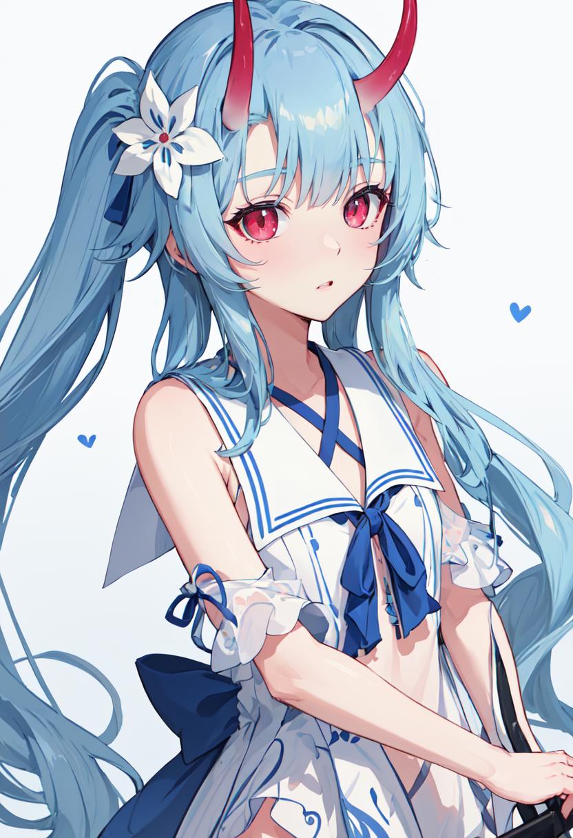 Anime girl with horns and blue hair holding a knife - SeaArt AI