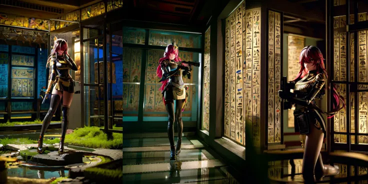 highly insanely detailed, masterpiece, top quality, best quality, highres, 4k, 8k, RAW photo, 
((ancient egyptian theme:1.2)), Hong Kong structure, building, structure, taiwan, korean, 
swirling energy, 
tentacle, 
(underwater), 
reflection, reflective floor, 
abandoned building, overgrown with vegetation, [volumetric fog], cinematic lighting, colorful, colourful, 
(long_hair, long hair, random colors hair, glowing hair, hair over one eye, long messy hair), 
(eyelashes, eyeliner, eyeshadow, eyelashes, long eyelashes), 
collar, earrings, jewelry, necklace, armlet, 
high-heels, 
nsfw, 
cleavage, perfect female body, makeup, 
action pose, 
drunk, biting, 
dawn, 
1girl, armor, uniform, aiming a gun, pistol, contrapposto, (helmet, jdgdrdd:1.2), indoor, 
<lora:Judge_Dredd_-_2012:0.7>