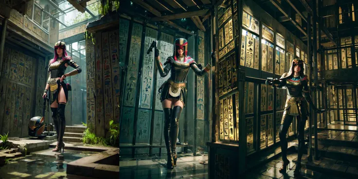 highly insanely detailed, masterpiece, top quality, best quality, highres, 4k, 8k, RAW photo, 
((ancient egyptian theme:1.2)), Hong Kong structure, building, structure, taiwan, korean, 
swirling energy, 
tentacle, 
(underwater), 
reflection, reflective floor, 
abandoned building, overgrown with vegetation, [volumetric fog], cinematic lighting, colorful, colourful, 
(long_hair, long hair, random colors hair, glowing hair, hair over one eye, long messy hair), 
(eyelashes, eyeliner, eyeshadow, eyelashes, long eyelashes), 
collar, earrings, jewelry, necklace, armlet, 
high-heels, 
nsfw, 
cleavage, perfect female body, makeup, 
action pose, 
drunk, biting, 
dawn, 
1girl, armor, uniform, aiming a gun, pistol, contrapposto, (helmet, jdgdrdd:1.2), indoor, 
<lora:Judge_Dredd_-_2012:0.7>