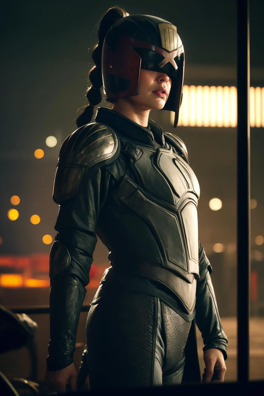 cinematic film still adult beautiful woman, solo, high quality, best quality, highres, high detail, <lora:Char_dredd2k12-JudgeDreddbyMajM:0.7> jdgdrdd helmet, armor, uniform <lora:Char_bg3-ShadowheartbyDocS-LORA:0.65> dsshadowheart, black hair, long hair, ponytail, bangs, braid, . shallow depth of field, vignette, highly detailed, high budget, bokeh, cinemascope, moody, epic, gorgeous, film grain, grainy