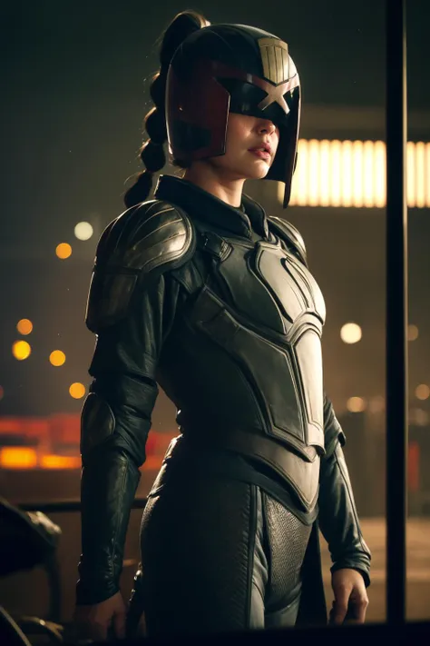 cinematic film still  adult beautiful woman, solo, high quality, best quality, highres, high detail, <lora:Char_dredd2k12-JudgeDreddbyMajM:0.7> jdgdrdd helmet, armor, uniform  <lora:Char_bg3-ShadowheartbyDocS-LORA:0.65> dsshadowheart, black hair, long hair, ponytail, bangs, braid,  . shallow depth of field, vignette, highly detailed, high budget, bokeh, cinemascope, moody, epic, gorgeous, film grain, grainy