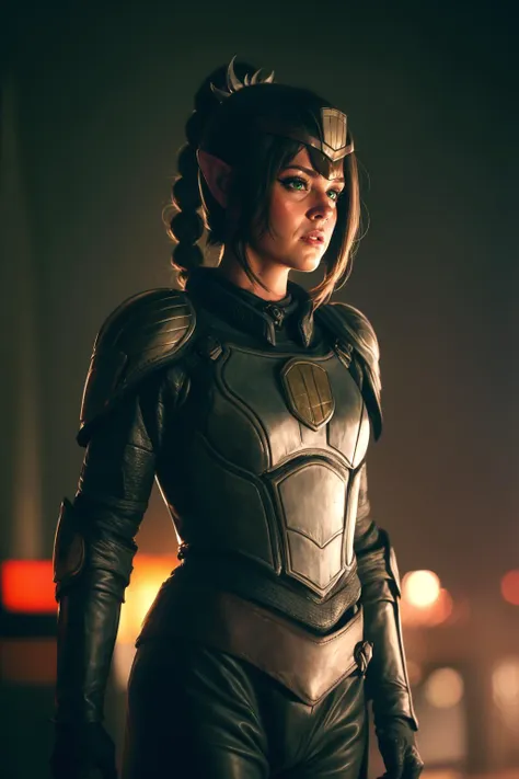 cinematic film still  adult beautiful woman, solo, high quality, best quality, highres, high detail, <lora:Char_dredd2k12-JudgeDreddbyMajM:0.7> jdgdrdd helmet, armor, uniform  <lora:Char_bg3-ShadowheartbyDocS-LORA:0.65> dsshadowheart, black hair, long hair, ponytail, bangs, braid, hair ornament, pointy ears, green eyes, circlet, silver armor, silver breastplate, pauldrons . shallow depth of field, vignette, highly detailed, high budget, bokeh, cinemascope, moody, epic, gorgeous, film grain, grainy