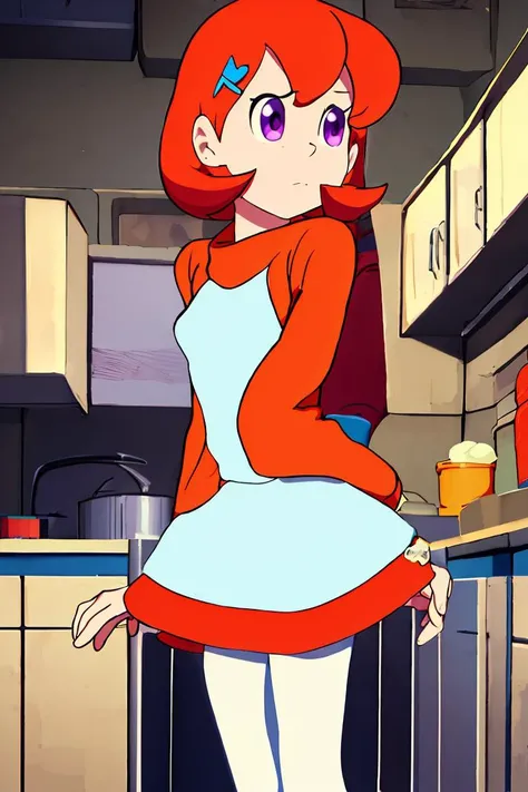 (masterpiece, best quality), 1girl, <lora:carla (Doraemon):1> purple eyes, short hair, orange hair, white skirt, hairclip, white leggings