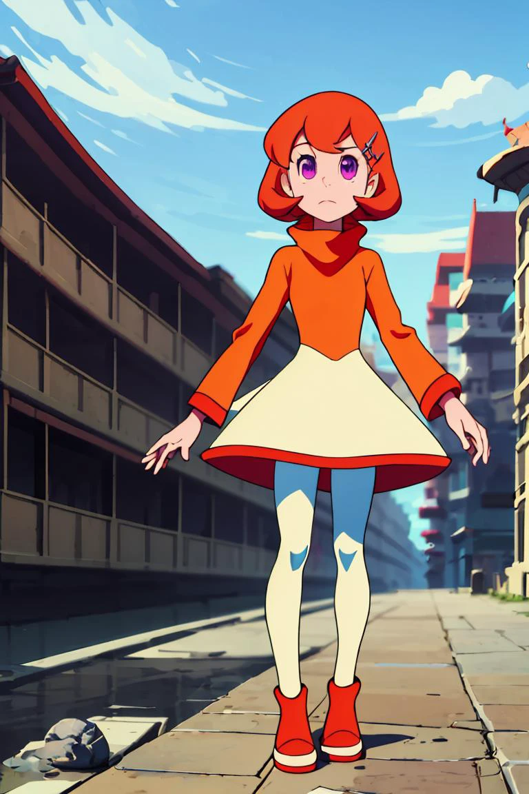 (masterpiece, best quality), 1girl, <lora:carla (Doraemon):1> purple eyes, short hair, orange hair, white skirt, hairclip, white leggings