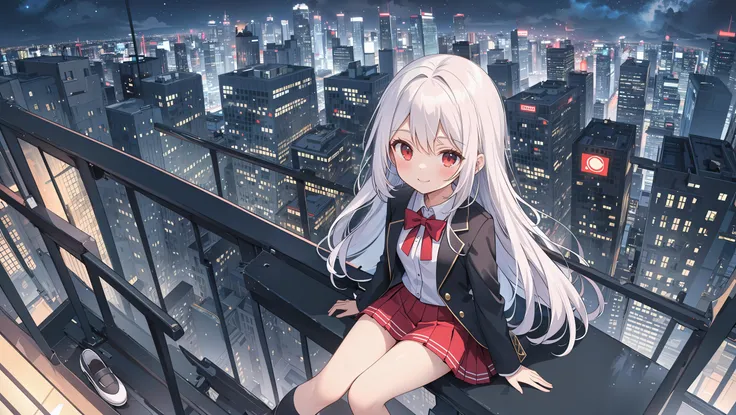 masterpiece,best quality,from above,distant view,broad vision, at night:1.2,fisheye,outdoors,
1girl,sitting,looking at viewer,long hair,red eyes,shirts,mini skirt,leather shoes,smile,
In the midst of a bustling cityscape,
The skyscrapers below her,
on the roof of the tall building,
The girl and the building and the sky make an amazing picture,