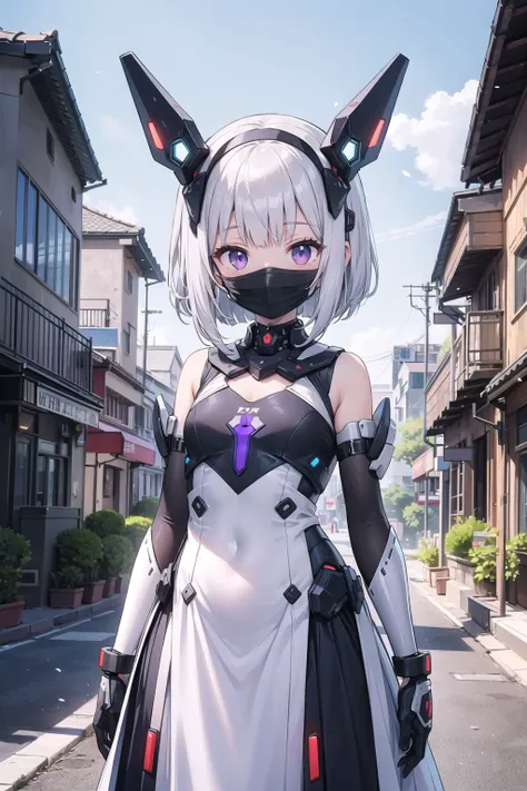 (masterpiece), science fiction, scenery, 1girl, smile, silver hair, bob hair, medium hair, bangs, purple eyes, mecha headgear, sci-fi dress, lace, (mouth mask:1.3),