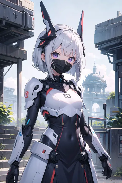 (masterpiece), science fiction, scenery, 1girl, smile, silver hair, bob hair, medium hair, bangs, purple eyes, mecha headgear, sci-fi dress, lace, (mouth mask:1.3),