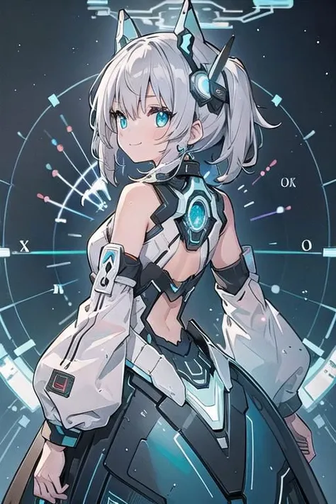 (masterpiece), (science fiction:1.4), 1girl, her back turned, smile, silver hair, aqua eyes, headgear, long sleeves, detached sleeves, glowing energy clothing, light particles