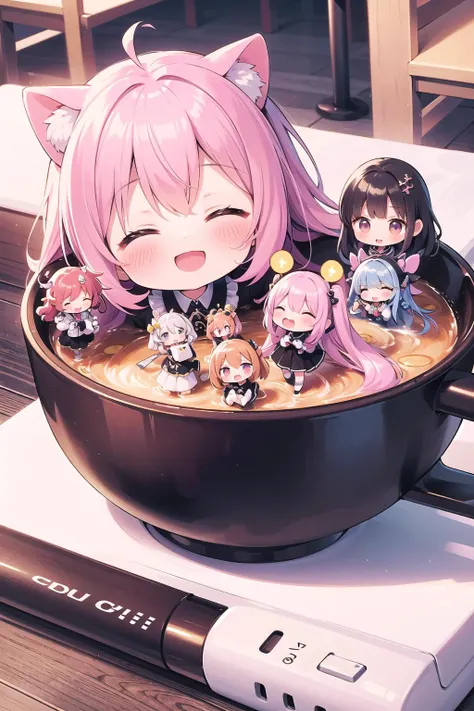 (masterpiece), best quality, cafe, (everyone, 6+girls, multiple girls:1.2), smile, open mouth, closed eyes, (chibi, mini person, minigirl:1.4)