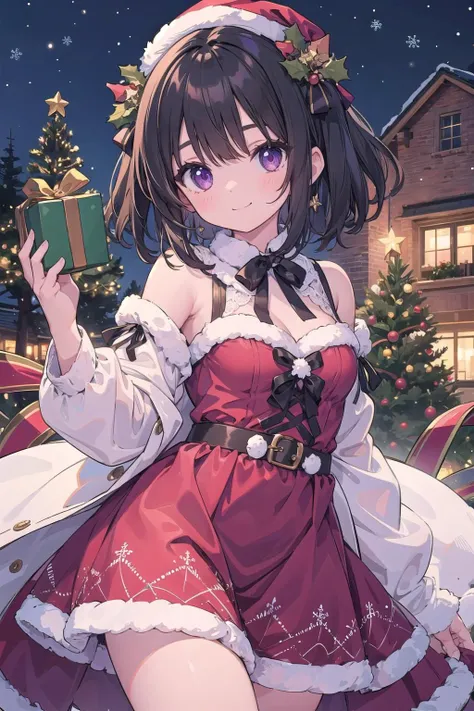 {masterpiece}, 1girl, black hair, medium hair, small breasts, purple eyes, christmas, xmas, christmas clothes, ribbon, frill, lace, dress, smile