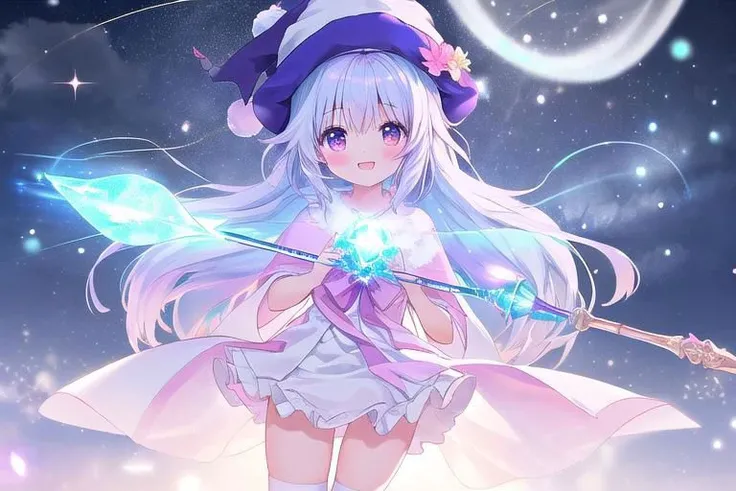 anime, cute girl, wizard hat, robe, thigh-highs, holding ancient staff, happy, midnight, bloom, ambient occlusion, glow, glowing lights, light particles, transparent, translucent, bokeh, depth of field, snow, wind