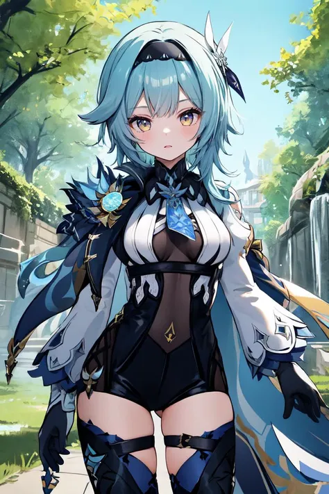 1girl, solo, eula \(genshin impact\), black leotard, thigh boots, black thighhighs, gloves, blue necktie, black hairband, cape, white sleeves, chest harness, hairband, vision \(genshin impact\),
outdoors, cowboy shot, mature female,