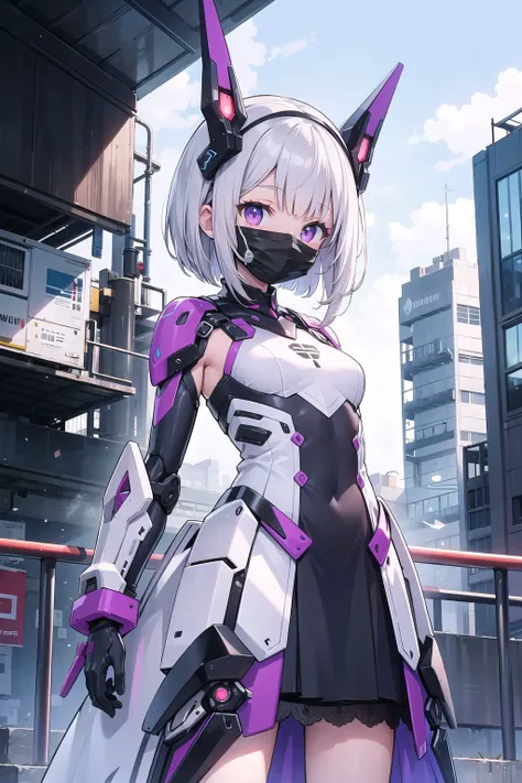 (masterpiece), science fiction, scenery, 1girl, smile, silver hair, bob hair, medium hair, bangs, purple eyes, mecha headgear, sci-fi dress, lace, (mouth mask:1.3),