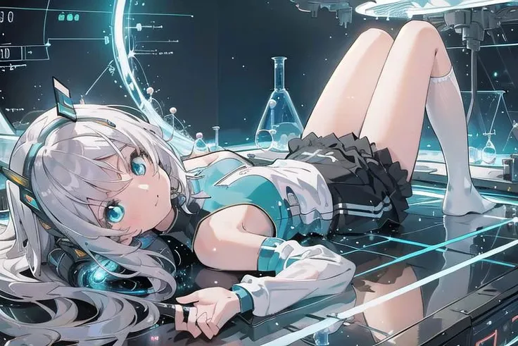 ((Best illustration)), super clear and delicate, lying position, loli style, white hair, clear eyes, small body, big breasts, with leg rings.