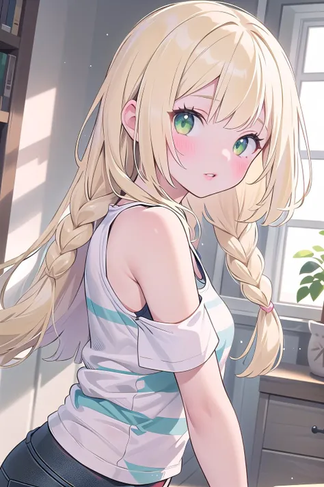 (masterpiece), best quality, high resolution, extremely detailed, detailed background, perfect lighting,
dynamic angle,
1girl, <lora:lillie_(pokemon)_v1:0.8> aalillie, long hair, braid, looking at viewer, parted lips, lips, shirt, tank top, open clothes, striped shirt, off shoulder