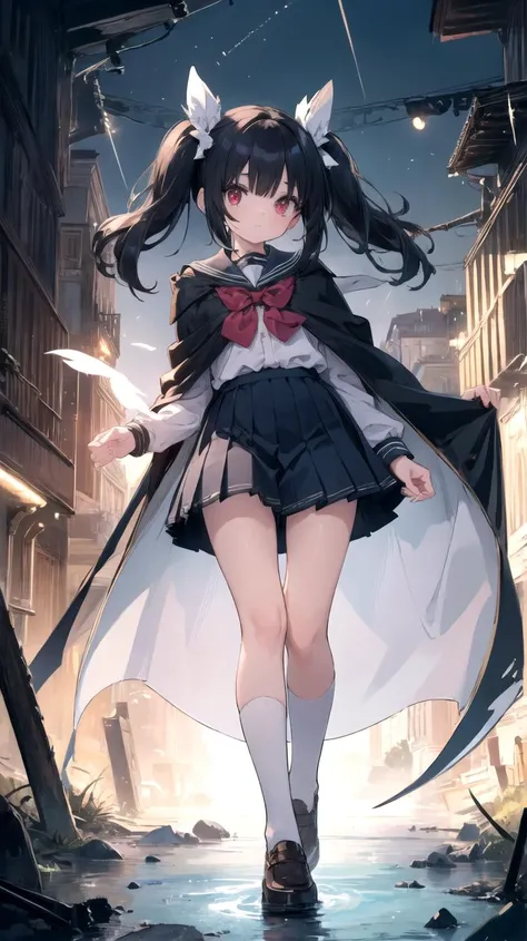,(masterpiece),(highres),(high quality),(insanely detailed),(absurdres),(ultra-highres),(ultra-detailed),(ultra-quality),(ultra-beautiful),(ultra detailed background),(best quality),
,(beautiful illustration),(8K),(UHD,HDR),(ray tracing),(natural light),(calibration color),
BREAK
,(cute girl),(solo),(skinny),(petite girl),(kawaii),(slender),(perfect symmetrical face),(waifu),
,(ultra cute girl),(ultra cute face),(ultra detailed eyes),(ultra detailed hair),(ultra cute),(ultra beautiful),
BREAK
,(black hair:1.2),(red eyes:1.2),(long twintails hair:1.2),
BREAK
,(school uniform),(magic cloak),
BREAK
,(megicial academy),
BREAK
,(looking at viewer),(full body),
BREAK