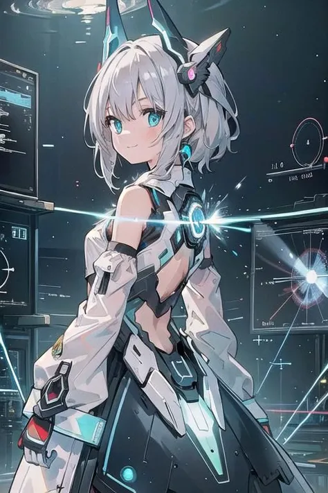 (masterpiece), (science fiction:1.4), 1girl, her back turned, smile, silver hair, aqua eyes, headgear, long sleeves, detached sleeves, glowing energy clothing, light particles