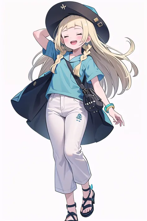 (masterpiece), best quality, high resolution, extremely detailed, detailed background, perfect lighting,
dynamic angle,
1girl, <lora:lillie_(pokemon)_v1:0.8> aalillie, long hair, braid, hat, closed eyes, white background, bag, smile, white pants, pants, simple background, full body, standing, holding, short sleeves, jewelry, shirt, sandals, black footwear, toeless footwear, facing viewer, high heels, open mouth, earrings, arm up, holding bag, blue shirt, bracelet