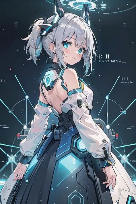 Dice-themed robot, 3D Rendering, Jongsuk Lee, Digital Art, Adorable glowing creatures, Nendoroid-like style, Futuristic Gear Shiny White Armor、A cute girl robot、antenna、Electronic display panel on chest、Holding the microphone close to his mouth while speaking、Smiling Kindly、whole body、Background is white、Are standing