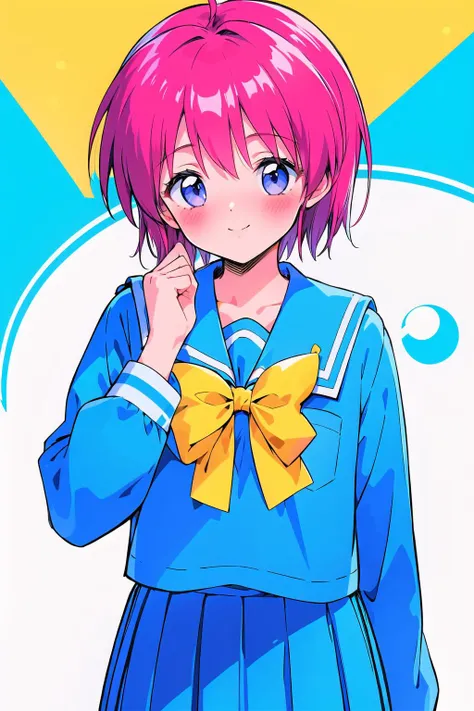 (masterpiece), best quality,
<lora:tm2_hikari_v1:0.8> (tm2hikari:1.2), 1girl, solo, short hair,
<lora:shiori_v2_locon:0.7> serafuku, long sleeves, blue shirt, blue pleated skirt, blue sailor collar, yellow tie ribon, yellow head bow,
smile, blush