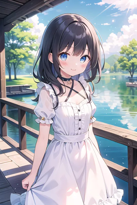 (masterpiece, best quality:1.4), 8k, official art, raw photo, absurdres, from above, girl, evil smile, upper body, sitting, white summer dress, wet, see-through, stone bridge, ruins, sky, woods, stream, detailed shadow, light leaks, perspective, depth of field, sharp focus, highres, ultra detailed, finely detail, extremely detailed, (detailed eyes and face, sharp pupils, realistic pupils:0.6)