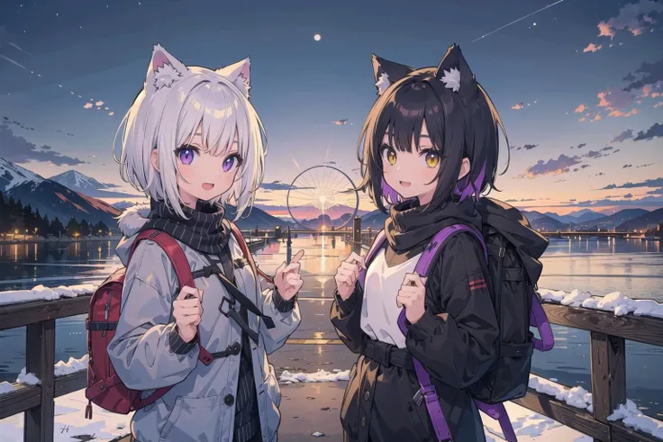 (masterpiece),  (2girls:1.2),  black hair,  silver hair,  medium hair, short hair,  multicolored hair,  yellow eyes,  purple eyes,  medium breasts,  winter,  casual,  cat ears,  smile,  open mouth,  backpack,  scenery