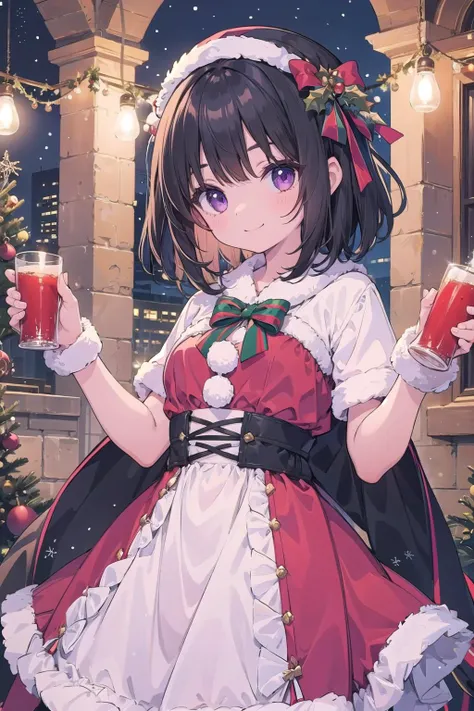 {masterpiece}, 1girl, black hair, medium hair, small breasts, purple eyes, christmas, xmas, christmas clothes, ribbon, frill, lace, dress, smile