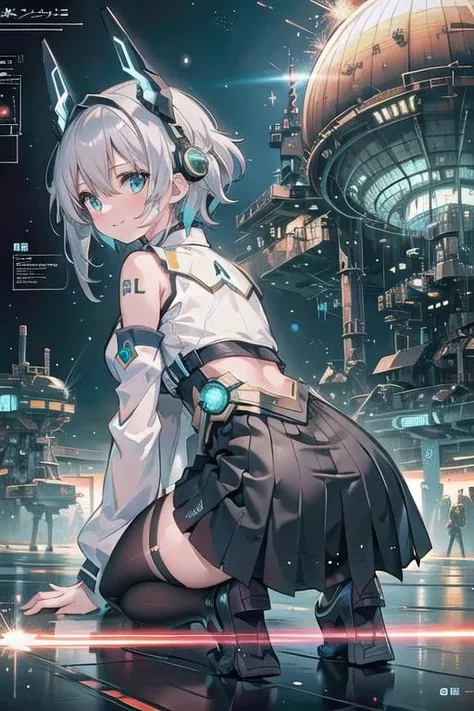 (masterpiece), (science fiction:1.4), 1girl, her back turned, on all fours, smile, silver hair, aqua eyes, headgear, long sleeves, detached sleeves, glowing energy clothing, light particles, short skirt