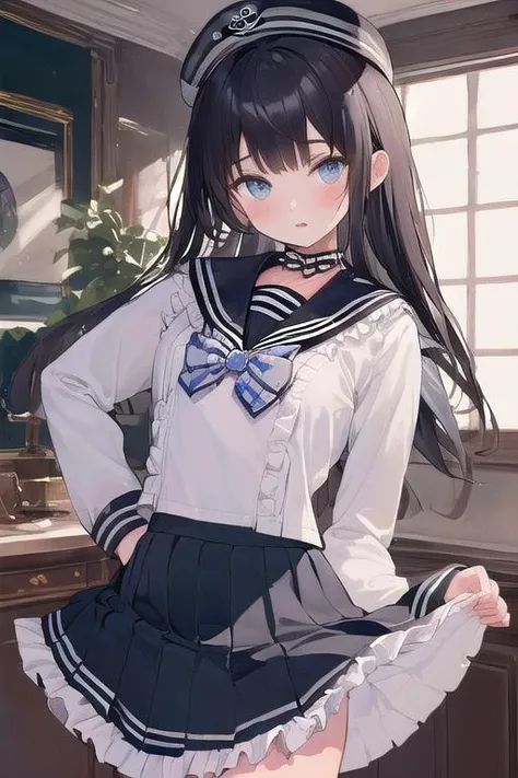 (solo:1.5),
(frills, frilled bowtie, frilled_sailor_collar, frilled_skirt:2), cape,
official art, unity 8k wallpaper, ultra detailed, beautiful and aesthetic, beautiful, masterpiece, best quality,Expressive Hues, Vibrant Palette, Dynamic Brushwork, pastel color palette, enticing art,
influenced by Edgar Degas, Auguste Rodin, John William Waterhouse, Gustave Courbet, François Boucher, Zalman King, Agent Provocateur, La Perla, the fusion of the demure and the daring,
long hair, blue eyes, lips,
(boudoir), watercolor painting, delicate fabrics, sensual forms, the harmony of softness and seduction, Victorian elegance, essence of the intimate,black kneehighs,
,tutututu,black school uniform,black serafuku, sailor collar,black pleated skirt, long sleeves,
(cowboy shot:1.3),
<lora:tutussf:0.85>, (masterpiece, best quality),