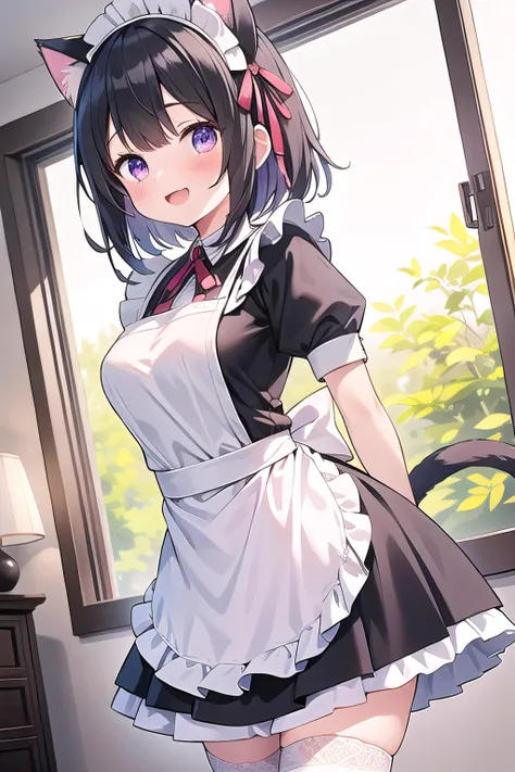 (masterpiece), best quality, sunlight, light particles, 1girl, solo, looking at viewer, medium breasts, maid apron, cat ears, maid headdress, hair ribbon, medium hair, black hair, purple eyes, blush, embarassed, open mouth, smile, frills, frilled dress, lace trim, puffy sleeves, white thighhighs