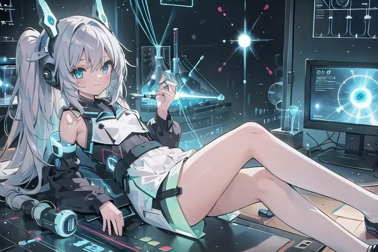 (masterpiece), (science fiction:1.4), 1girl, lying on the back on a mirror, lying on the back on a mirror, lying on the back on a mirror, smile, silver hair, aqua eyes, headgear, long sleeves, detached sleeves, glowing energy clothing, light particles, energy particles, perfect hands, perfect legs