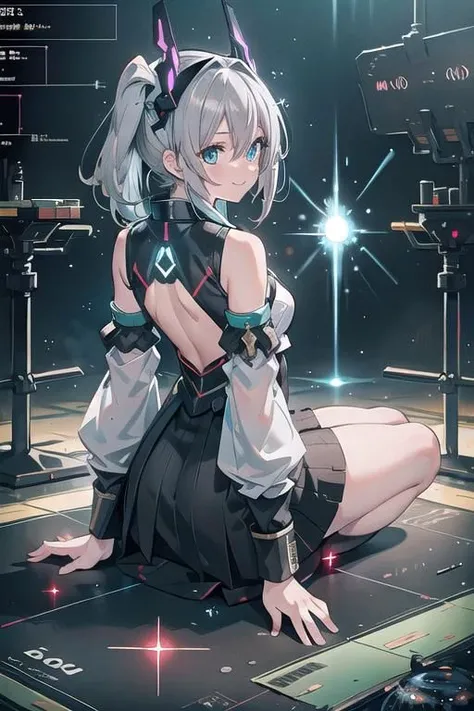 (masterpiece), (science fiction:1.4), 1girl, her back turned, on all fours, smile, silver hair, aqua eyes, headgear, long sleeves, detached sleeves, glowing energy clothing, light particles, short skirt