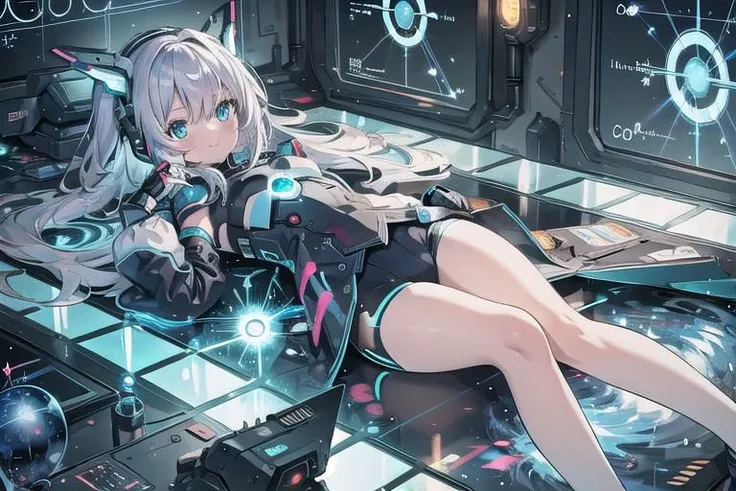 (masterpiece), (science fiction:1.4), 1girl, lying on the back on a mirror, lying on the back on a mirror, lying on the back on a mirror, smile, silver hair, aqua eyes, headgear, long sleeves, detached sleeves, glowing energy clothing, light particles, energy particles, perfect hands, perfect legs