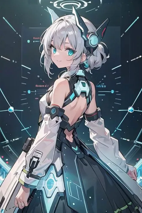 (masterpiece), (science fiction:1.4), 1girl, her back turned, smile, silver hair, aqua eyes, headgear, long sleeves, detached sleeves, glowing energy clothing, light particles