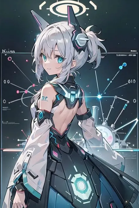 (masterpiece), (science fiction:1.4), 1girl, her back turned, smile, silver hair, aqua eyes, headgear, long sleeves, detached sleeves, glowing energy clothing, light particles