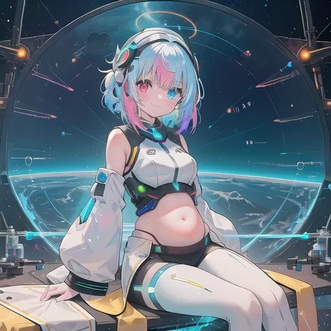 (masterpiece), (science fiction:1.4), 1girl, sitting, smile, multicolored hair, heterochromia, headgear, long sleeves, detached sleeves, glowing energy clothing, light particles, visible belly, slim, slim, slim, family friendly