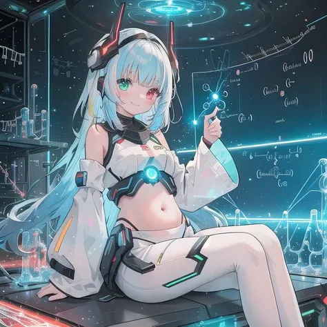(masterpiece), (science fiction:1.4), 1girl, sitting, smile, multicolored hair, heterochromia, headgear, long sleeves, detached sleeves, glowing energy clothing, light particles, visible belly, slim, slim, slim, family friendly