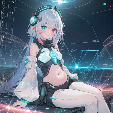 (masterpiece), (science fiction:1.4), 1girl, sitting, smile, multicolored hair, heterochromia, headgear, long sleeves, detached sleeves, glowing energy clothing, light particles, visible belly, slim, slim, slim, family friendly