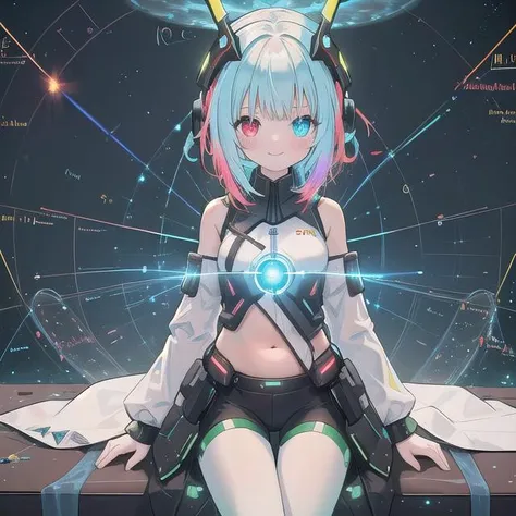(masterpiece), (science fiction:1.4), 1girl, sitting, smile, multicolored hair, heterochromia, headgear, long sleeves, detached sleeves, glowing energy clothing, light particles, visible belly, slim, slim, slim, family friendly